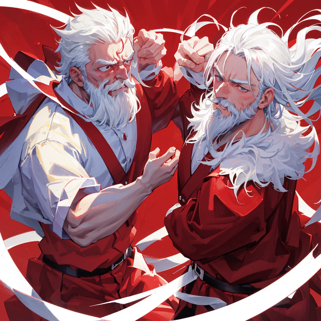 A man with a white beard、man wearing red belt, High martial arts,Beard,White hair,Boxer,((Pure red background))