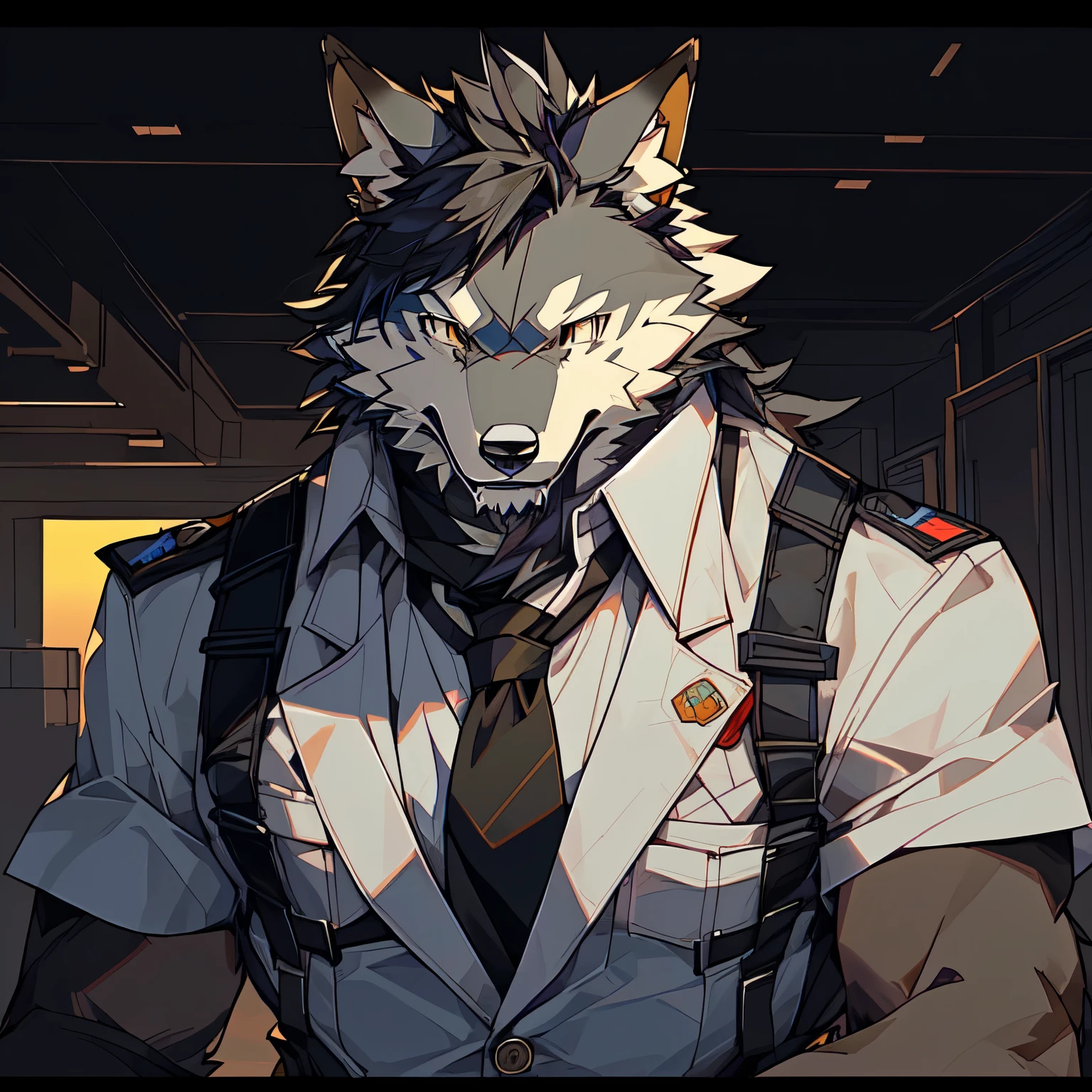 There is a wolf man,Wearing a tie, Anthropomorphic wolves, Furry Characters portrait, An anthropomorphic, Anthropology Art, Furry Art!!!, Metal Gear Solid Art Style, pov Furry Art, High resolution commissions, Anthropomorphic wolf, Furry Characters, Unknown art style, Anthropomorphic portraits, a buttoned shirt, a black harness, and black dress pants, and gloves.