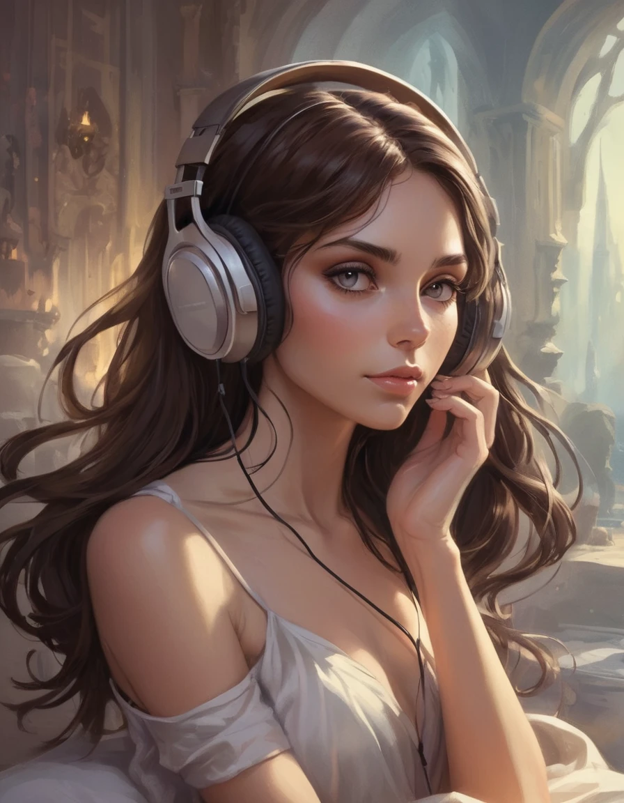 Fantasy artwork of a brunette listening to music through headphones, that's why, background world map, swirly vibrant colors, highy detailed