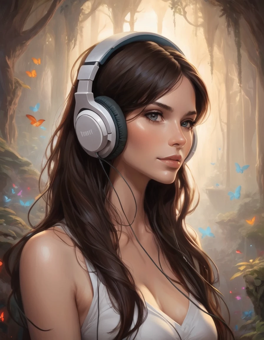 Fantasy artwork of a brunette listening to music through headphones, that's why, background world map, swirly vibrant colors, highy detailed