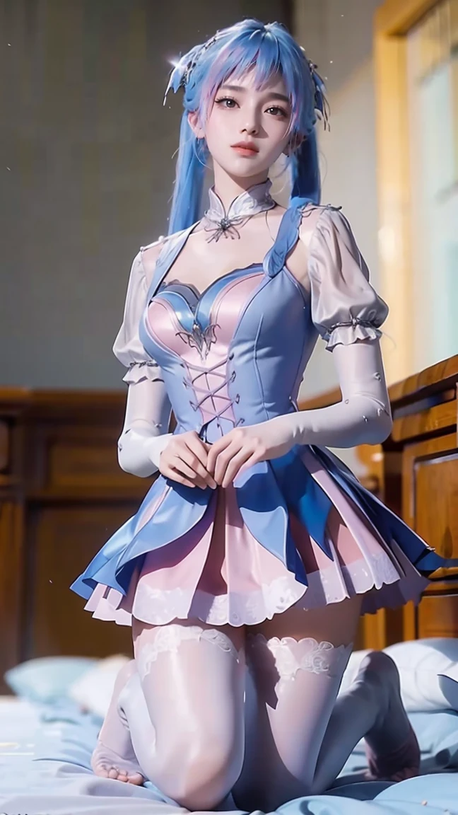 masterpiece, best quality, 8k, ultra-detailed, extremely realistic, photorealistic, vivid colors, mature beautiful woman, lace dress, school uniform dress, kneeling pose, on bed, shackles, decapitation, collar, white thigh-high socks, barefoot, twin tails, blue and pink gradient hair