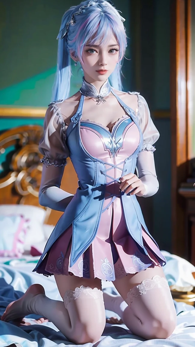 masterpiece, best quality, 8k, ultra-detailed, extremely realistic, photorealistic, vivid colors, mature beautiful woman, lace dress, school uniform dress, kneeling pose, on bed, shackles, decapitation, collar, white thigh-high socks, barefoot, twin tails, blue and pink gradient hair