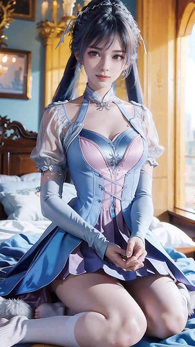 Highly detailed CG Unity 8k wallpaper, top quality, super detailed, masterpiece, realistic, photorealistic, highly detailed cute girl, (17 years old), blush, round eyeob cut), semi-body shot, sexy lingerie wedding dress with garter belts, parsmirking at viewer, different pose, lake