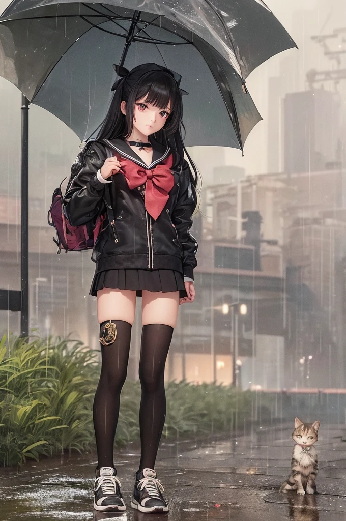 ((masterpiece)), best quality, ultra detailed, 4K, 8K, like a scene from a movie, (A robot girl with parts of her body and right eye made of machinery, holding a abandoned kitten carefully in the rain). ((steampunk)), robot joints, She has glossy, beautiful black hair and a glowing red right eye, wearing a sailor uniform with a lavender ribbon, black knee-high socks, and floral sneakers. In a park, beside a cardboard box in a grassy corner where the kitten, a mixed breed, was abandoned. It's drizzling rain, and the time is evening. The scene is in the style of Japanese anime art, watercolor, Do not include text in the image. --bad anatomy