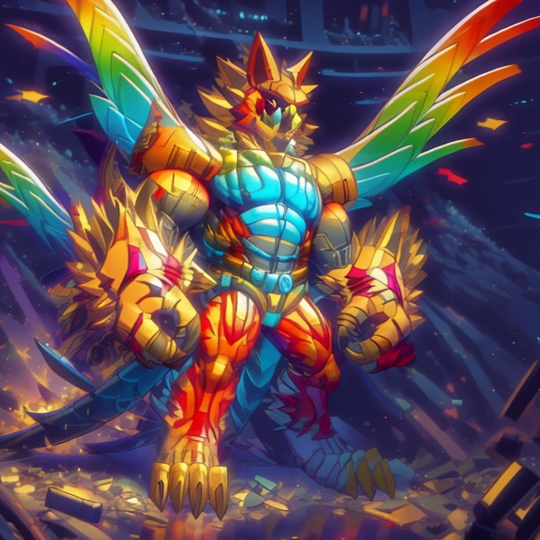 (masterpiece. official art. 8k. best quality. detailed full body. full body.)

(situation 1 : dominating The Phoenix Wolf. The Phoenix Wolf is over 1000 meters long. focus giant mechanical Muscular The Phoenix Wolf is trampling the car. Looking down.)

(situation 2 :smoke and flames rising from the destruction in the city)

(Additional details 1: Wearing golden Armor. Cape. Helmet. real texture material. whole body shines like metal. emphasizes the muscles. suit fully made of metal. Robotic suit. no face.).

(Additional details 1.5: The arms are golden. The lower half of the body is golden. The wolf-shaped helmet has sharp fangs. The whole body is golden. The chest area is also golden. There is a ring above the head.).

(Additional details 2: Detailed head. Detailed Body. Detailed abs. gigantic muscles. HYPER MUSCLES. Gigachad Muscular. big muscle. pecs. triceps. traps. unusually developed muscular body. body full of huge muscles. showing off muscles. pectorales enormes. Exaggeratedly huge muscles. huge muscles. long legs.).

(Additional details 3: Spread wings. It has wings. The claws are sharp. Sharp teeth.). He is laughing defiantly. The claws are sharp. Sharp teeth.). 

(Additional details 3.5 : nj5furry,  He is laughing defiantly. medieval armor.). 
