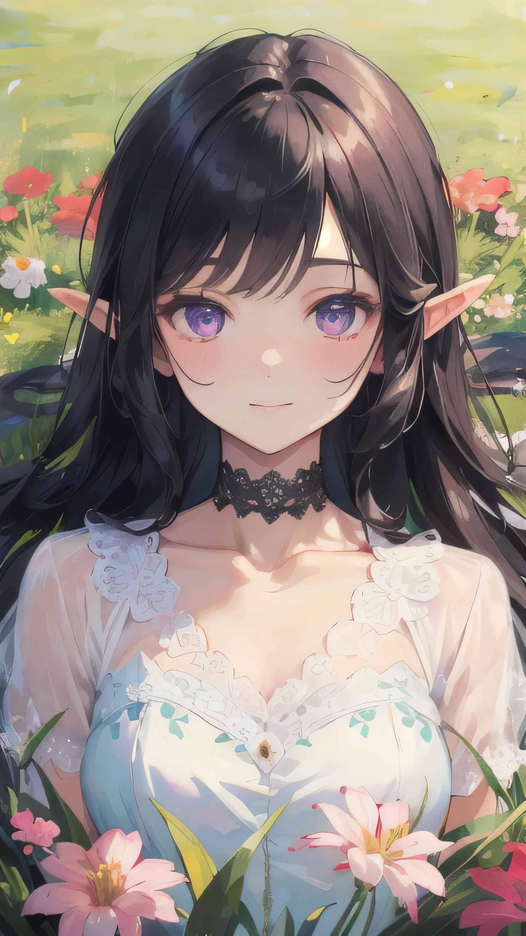 ((best quality)), ((masterpiece)), (detailed), perfect face, elf, black hair, long hair, purple eyes, dress, flowers, pink flowers, happy, sunny, green grass, lawn, lace choker, romantic, soft smile, looking at viewer, portrait, ribbons
