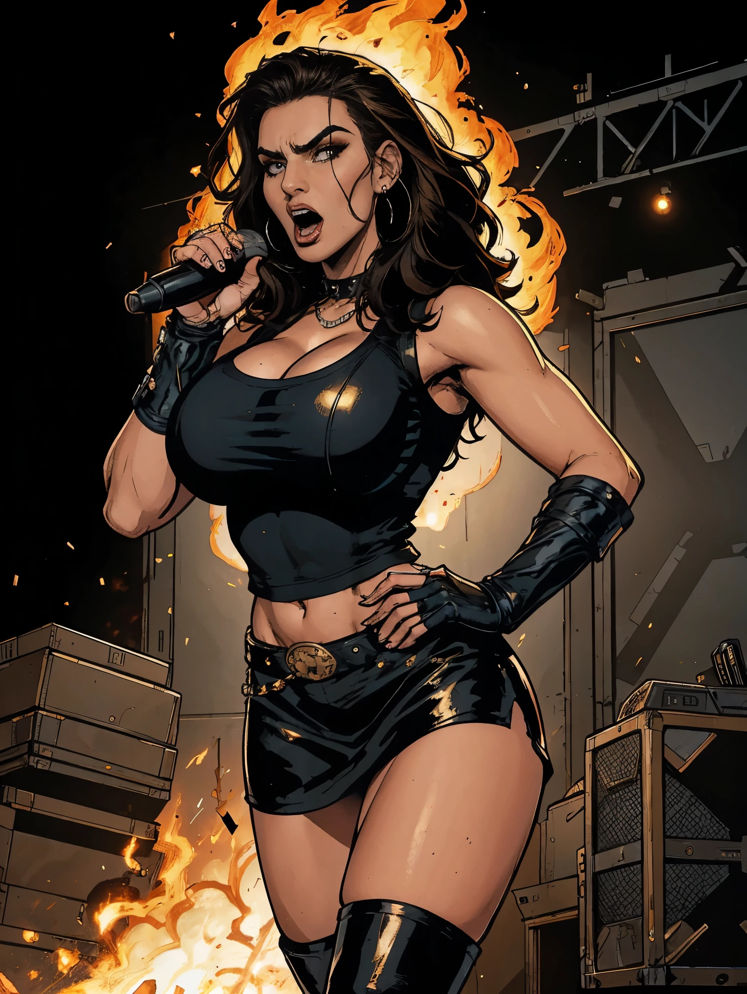 Extremely busty thin and toned brunette death metal singer, college girl, fair skin, big hair, hair pulled back, soft face, athletic, heavy makeup, piercings, black leather, studs, tight black top, boots, fingerless gloves, tight skirt, chains. standing on a stage, pyrotechnics, holding a microphone, metal concert. (microphone, fist in the sky), angry, rage, screaming. Heavy metal. Death metal. Explosions, fire.