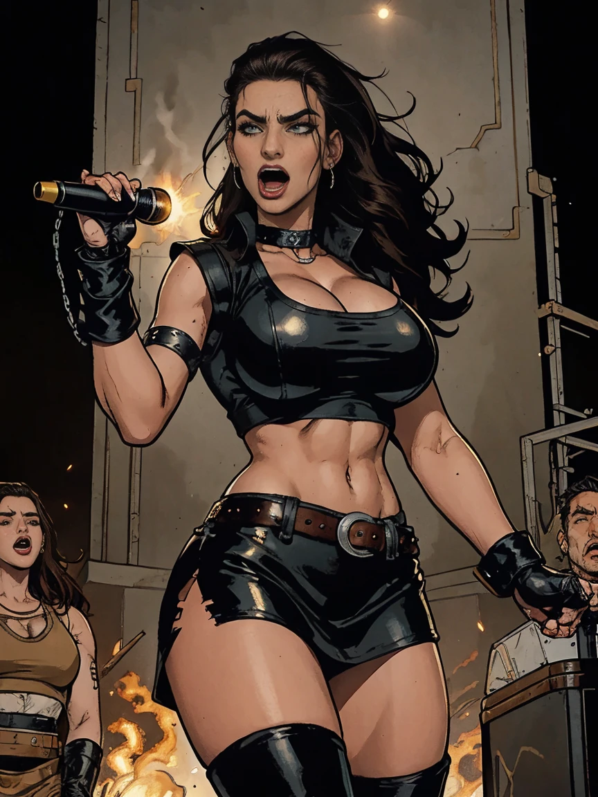 Extremely busty thin and toned brunette death metal singer, college girl, fair skin, big hair, hair pulled back, soft face, athletic, heavy makeup, piercings, black leather, studs, tight black top, boots, fingerless gloves, tight skirt, chains. standing on a stage, pyrotechnics, holding a microphone, metal concert. (microphone, fist in the sky), angry, rage, screaming. Heavy metal. Death metal. Explosions, fire.