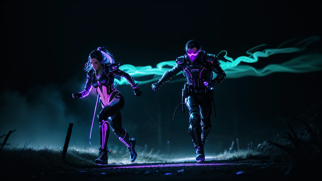 prince of darkness hold hand and running with a beautiful sultry female, that's glowing in the darkness, running through the futuristic battlefield, neon colors, high detail, long shot, wide shot, 4K, 3D, REALISTIC, (iridescent glow smoke), UHD, 32K, very bold neon colors, black light, neon light