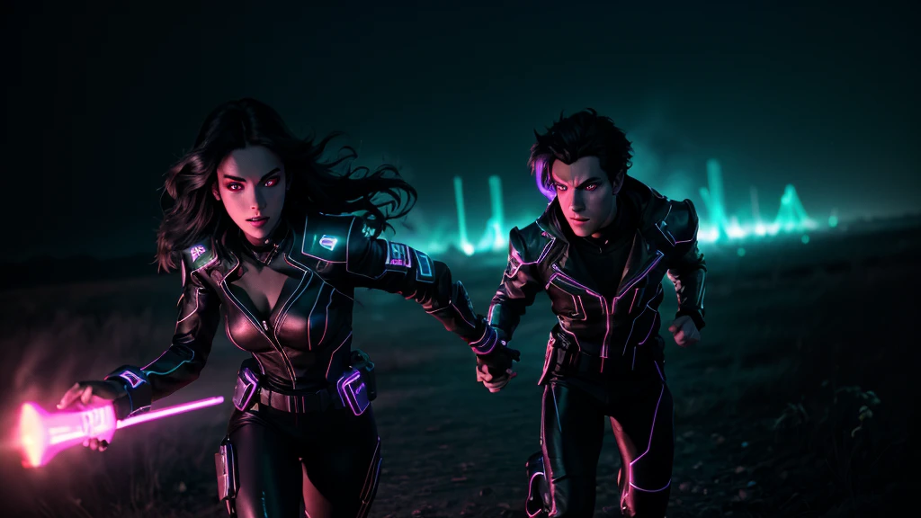 prince of darkness hold hand and running with a beautiful sultry female, that's glowing in the darkness, running through the futuristic battlefield, neon colors, high detail, long shot, wide shot, 4K, 3D, REALISTIC, (iridescent glow smoke), UHD, 32K, very bold neon colors, black light, neon light