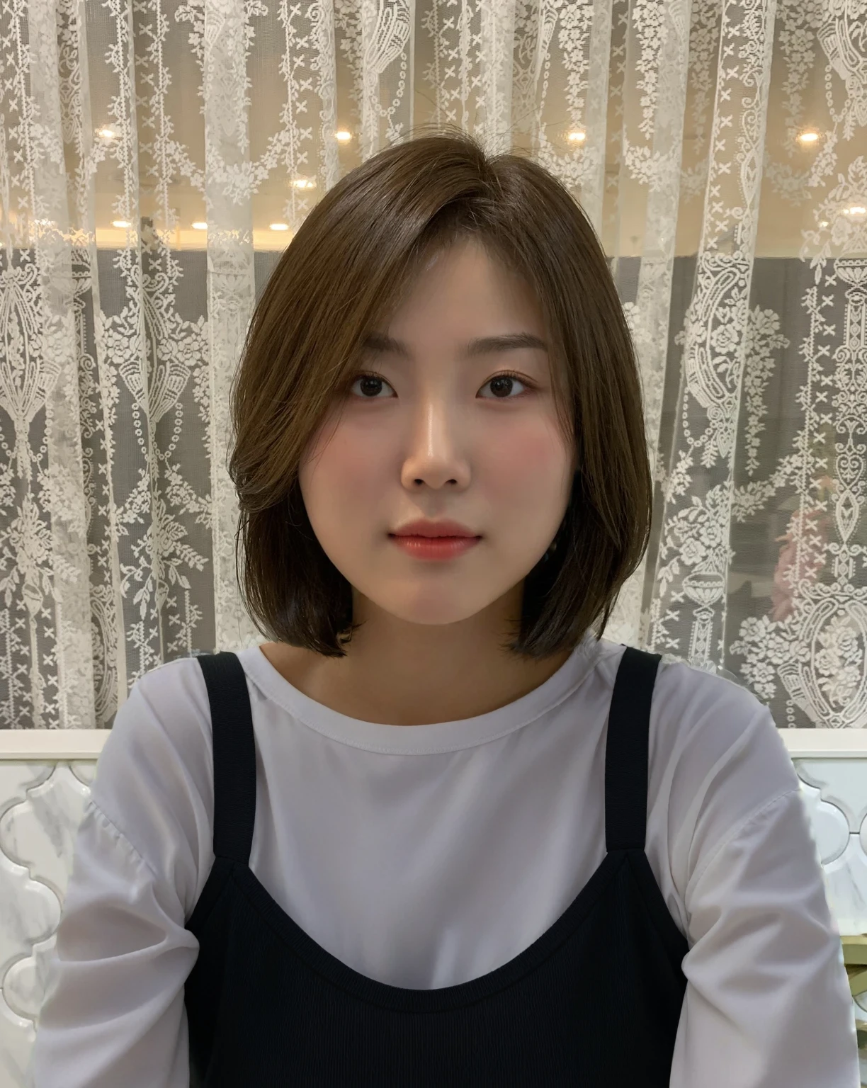 Best Quality, 8k, Masterpiece, (Portrait: 1.3), (photo realistic:1.4), (hyper realistic:1.4), Sharp Focus, looking at viewer, (smoother lighting:1.1), (increase cinematic lighting quality:0.9), realistic lighting, backlighting, light on face, ray trace, (brightening light:1.2), (Increase quality:1.4), sharp detail, (best quality real texture skin:1.4), finely detailed eyes, black_eyes, finely detailed face, 25 year old Korean woman, (white off-shoulder_shirt:1.4), (Create an image maintaining the original base model hairstyle:1.5)