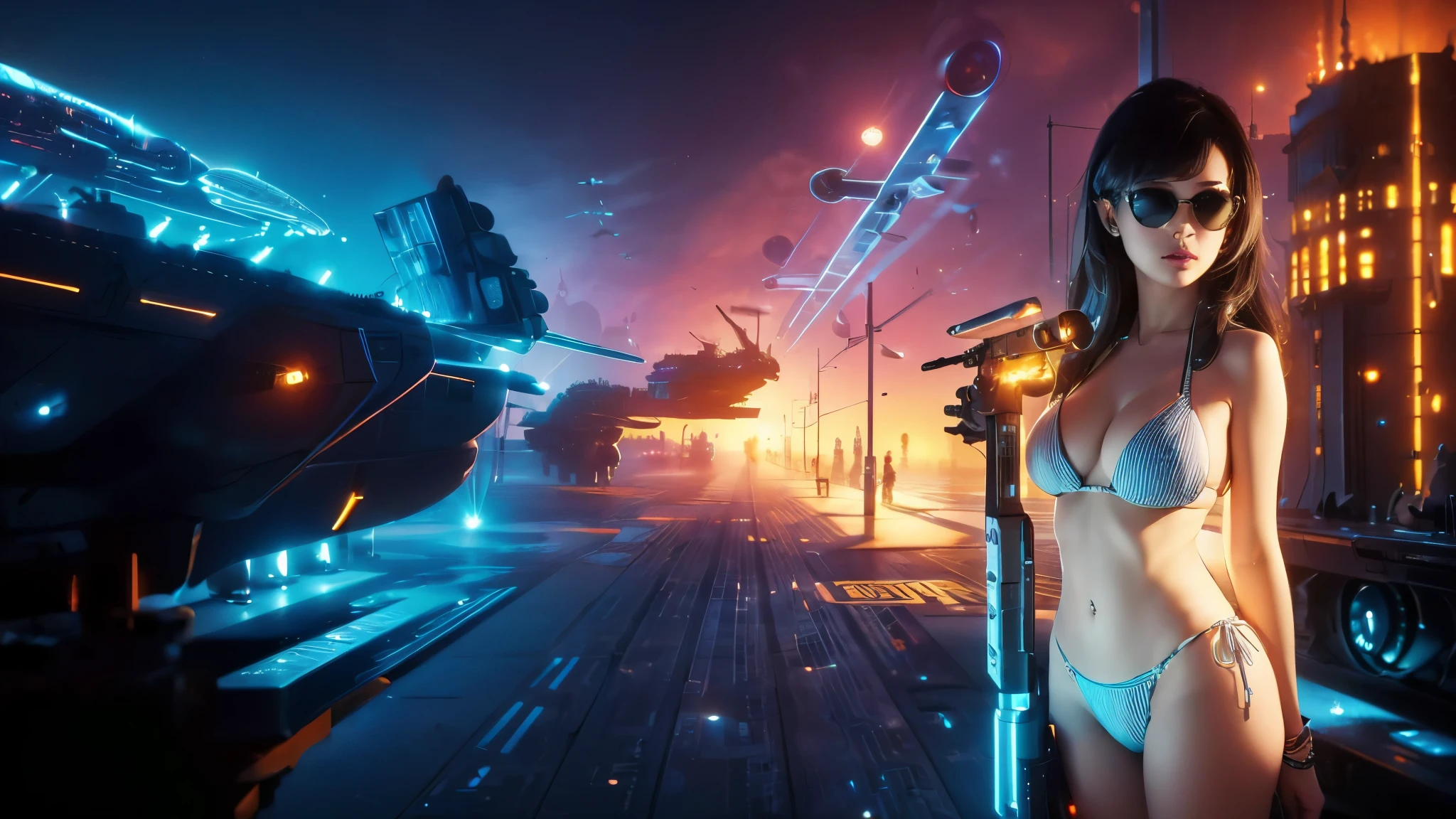 (((a large-breast bikini slim GIRL with black (micro) sunglasses))), (((((aiming at viewer with a pistol))))), a balcony of a futuristic building, aerial view of an ultra-futuristic megalopolis, metal buildings and houses in dark colors from dark blue to black, shades of metal gray, smoky metal structures, industrial environment with smoke and fog around, dark cars on the streets, desert megalopolis, modern metal rails and trains passing through, tall futuristic metal buildings, ultra modern buildings, (((((futuristic aircraft carrier))))), realistic, detailed, sci-fi.