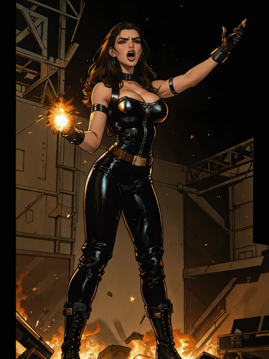 Extremely busty thin and toned brunette death metal singer, college girl, fair skin, big hair, hair pulled back, soft face, athletic, heavy makeup, piercings, black latex, studs, bodysuit, boots, fingerless gloves, chains. standing on a stage, pyrotechnics, holding a microphone, metal concert. (microphone, fist in the sky), angry, rage, screaming. Heavy metal. Death metal. Explosions, fire.