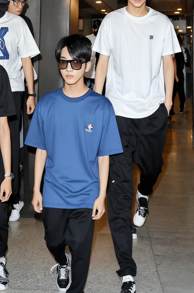 18 year old taiwan boy, he is ((oversized xxl blue plain T shirt)), wearing black pants, wearing sneakers, wearing glasses, night club, full body, (he is 한국 머리카락입니다) k pop style, black mask, walking