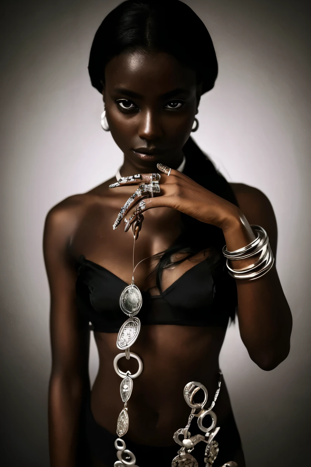 a haunting a mysterious puzzle of a lady, side glances to camera, dark skin, mixed cultures, staring intense, her hand adorned with silver elegant rings, artistic rings stunning, display each finger, skin metal contrast, attractive danger, she looks to us, see into your soul, good luck, stylized dark clothing layers, dark room, moon light