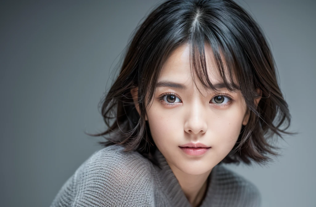 (Highly detailed CG Unity 8K wallpaper, highest quality, super detailed, look at the camera:1.2, light shines on your face:1.5, gray background, professional lighting), Lives in Japan 50 Old Female、short hair, black haired, Plump facial contours:1.5, (thin eyebrows:1.25), Big shining eyes, small nose, Soft mouth, physically thin, (Shirt under sweater), Sincere impression, noble mix fix v3.0