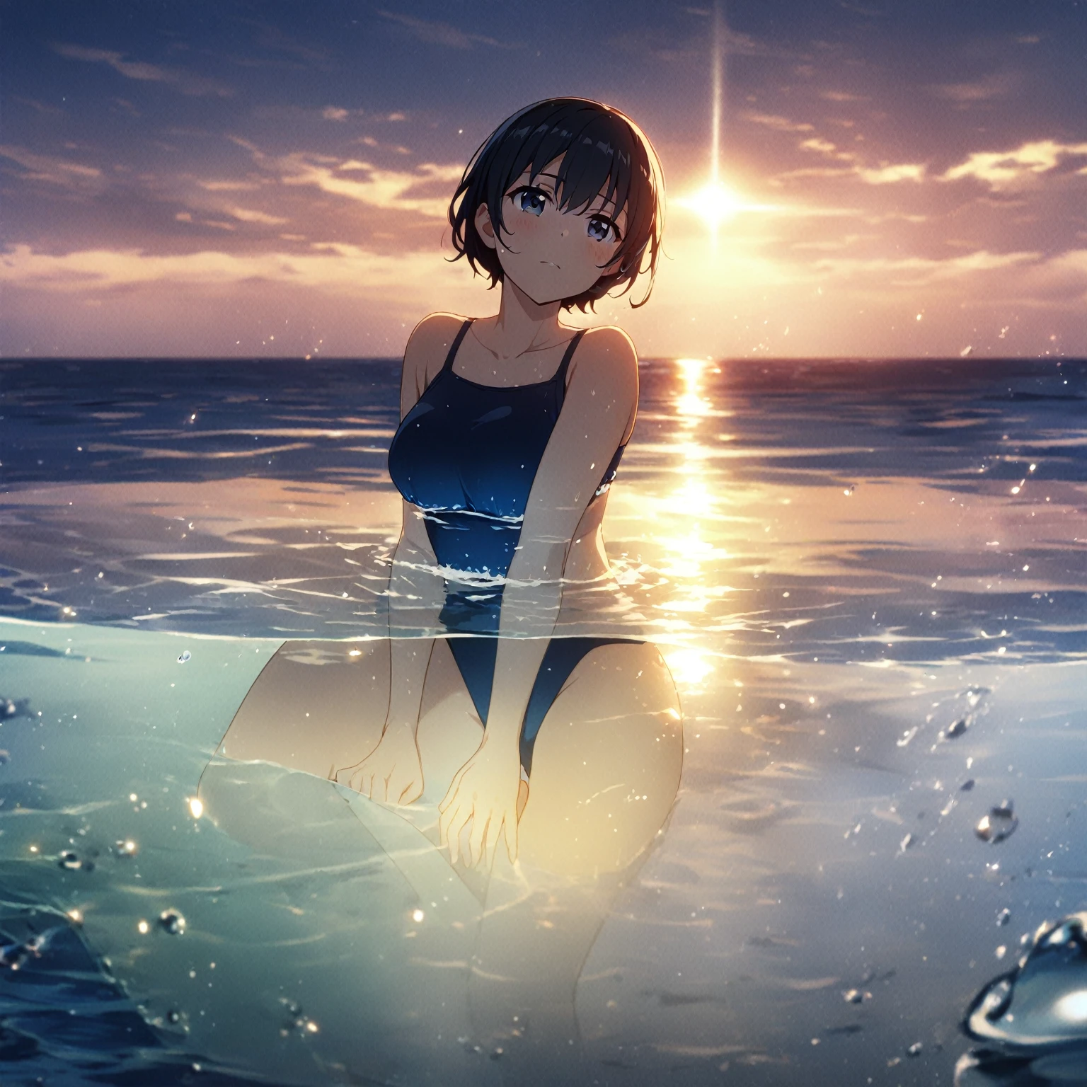 1girl、Black Hair、Navy blue swimsuit、Ocean、Oceanに浸かる、evening、Reflection on the water、deep faint light 、 detailed CG、high resolution