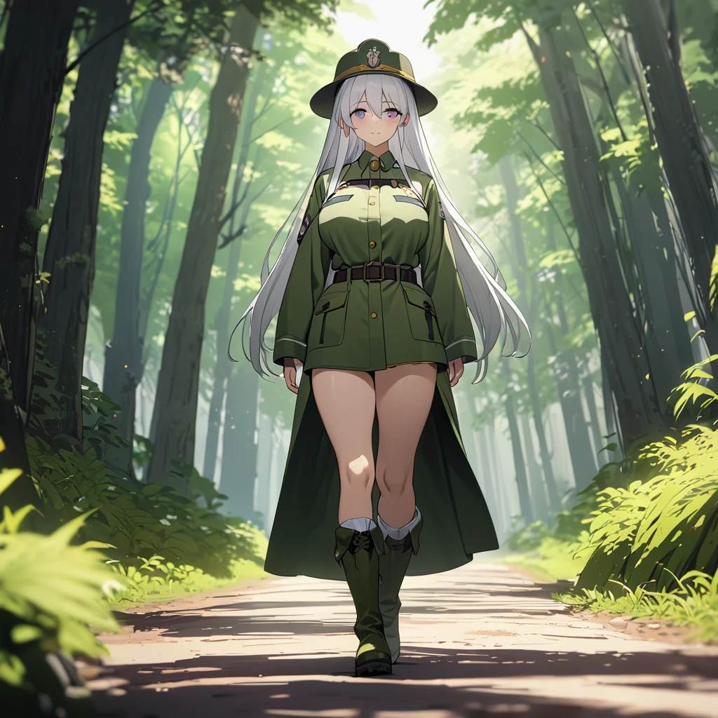 A woman wearing a forest ranger uniform, moss green uniform, ranger hat, walking on a dirt road in a forest, green boots, wearing sunglasses, white hair, long hair, purple eyes, smiling, big breasts , place by day. UHD , prime work , accurate , anatomically correct , textured skin , super details , high quality , best quality, 8k, high resolution, bokeh effect. (woman alone), close view
