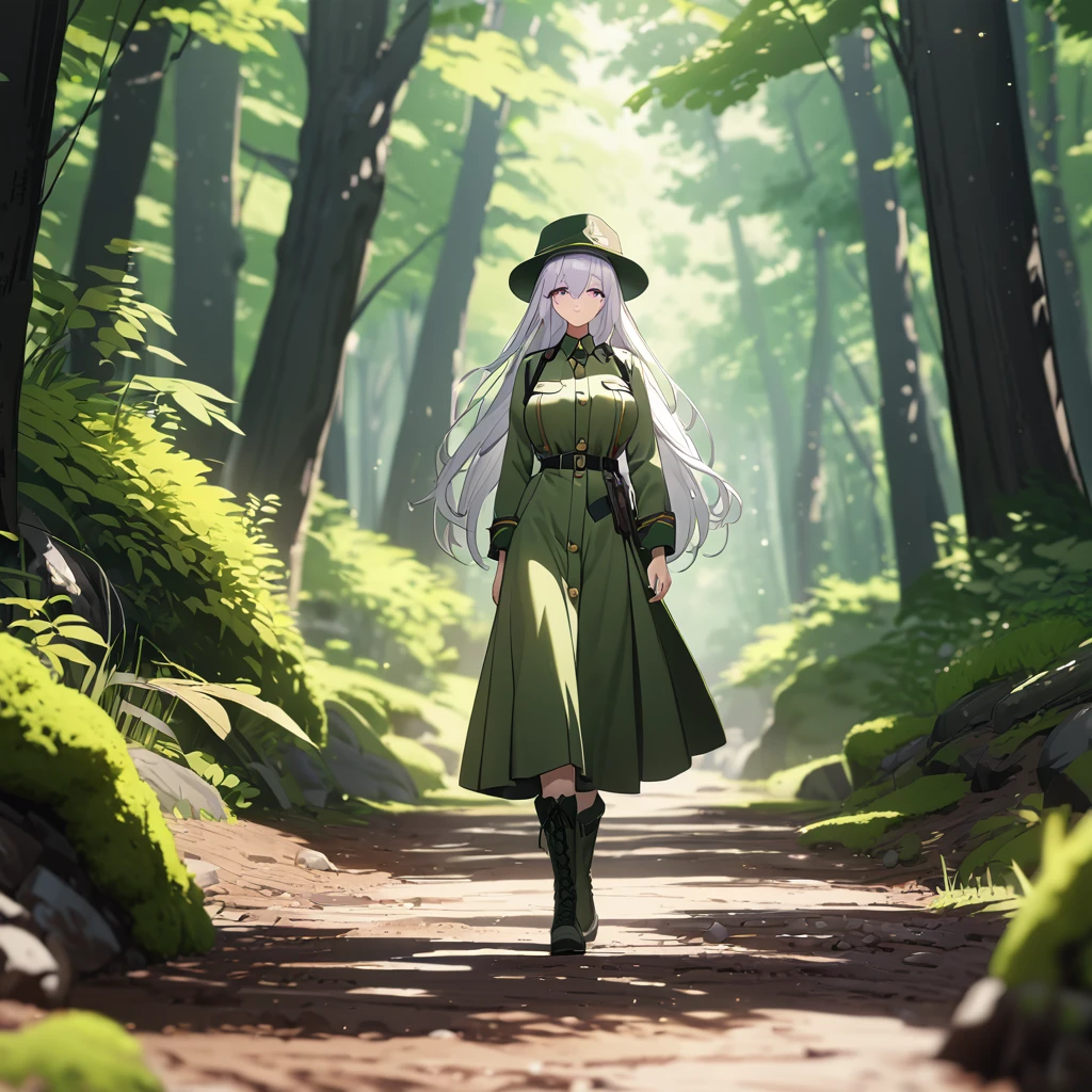 A woman wearing a forest ranger uniform, moss green uniform, ranger hat, walking on a dirt road in a forest, green boots, wearing sunglasses, white hair, long hair, purple eyes, smiling, big breasts , place by day. UHD , prime work , accurate , anatomically correct , textured skin , super details , high quality , best quality, 8k, high resolution, bokeh effect. (woman alone), close view
