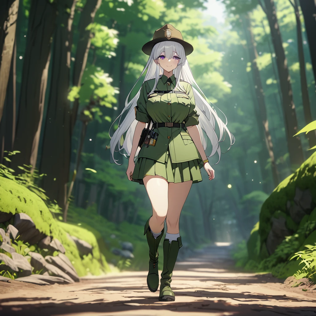 A woman wearing a forest ranger uniform, moss green uniform, ranger hat, walking on a dirt road in a forest, green boots, wearing sunglasses, white hair, long hair, purple eyes, smiling, big breasts , place by day. UHD , prime work , accurate , anatomically correct , textured skin , super details , high quality , best quality, 8k, high resolution, bokeh effect. (woman alone), close view
