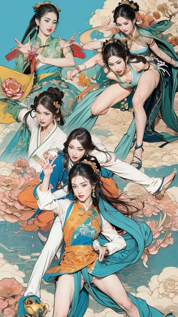 (masterpiece, Top quality, best quality, Official Art, beauty:1.2),(最詳細清晰的contour和五官:2.0,contour:1.0) (1 Chinese Goddess:1.5), Very detailed,(Dunhuang艺术:1.1),(Dunhuang,rich and colorful:1.1)(Flowers:1.3),Most detailed,(tangled:1.2), (Dynamic poses,Show your thighs:2.0), (blue sky white clouds moon background:1.3), (Chinese embroidered Hanfu:1.2), (Glowing skin,Camel toe:1.2), (Many colors:1.4), ,(earrings:1.4),