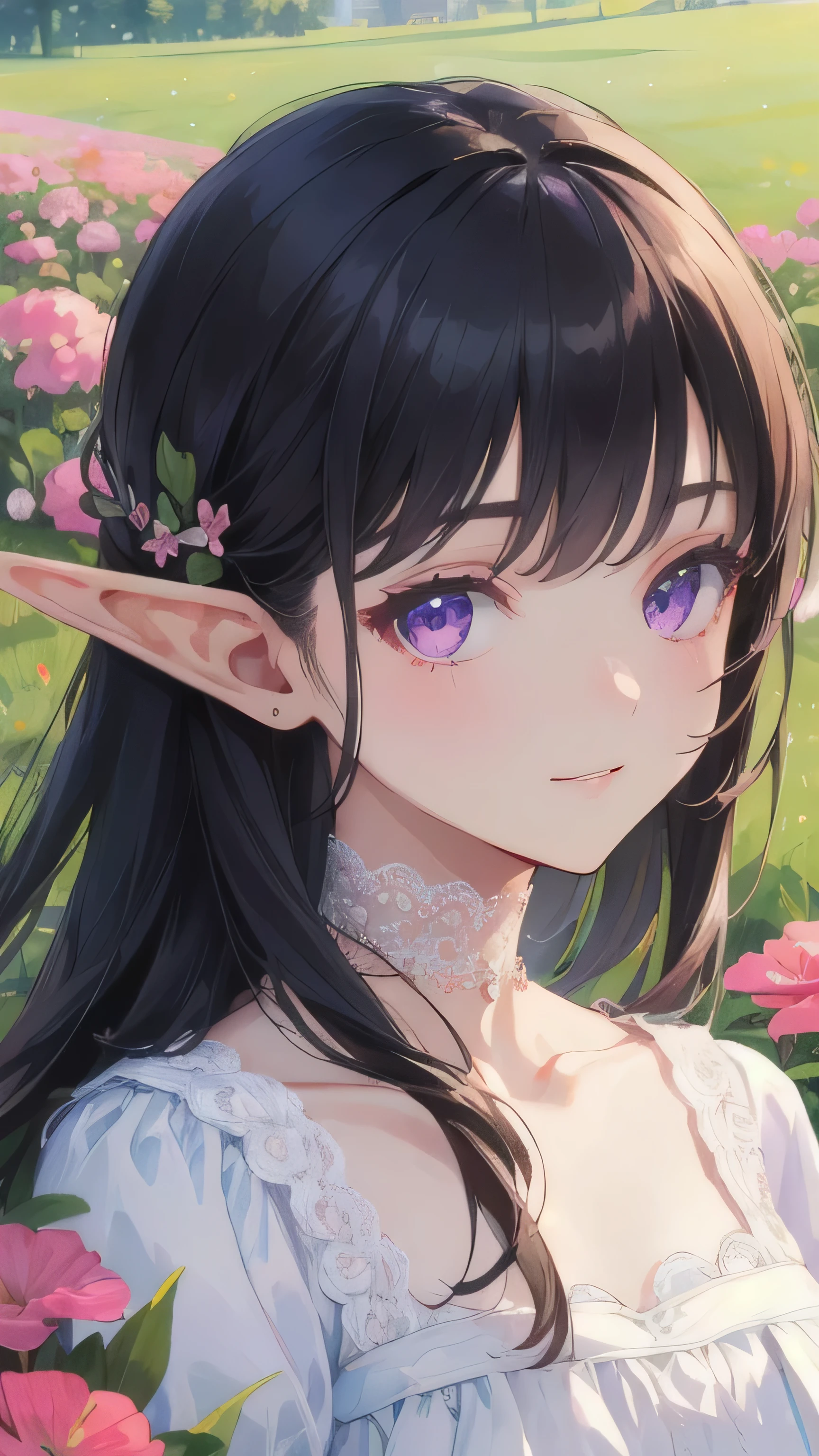 ((best quality)), ((masterpiece)), (detailed), perfect face, elf, black hair, long hair, purple eyes, dress, flowers, pink flowers, happy, sunny, green grass, lawn, lace choker, romantic, soft smile, looking at viewer, portrait, ribbons