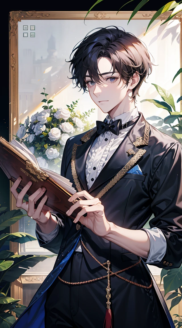 Handsome boy happily looking at frame holding lens