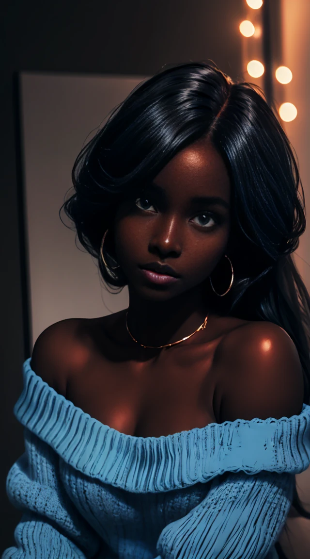 Upper body shot, ((beautiful black woman with flawless dark skin)), long hair with gradient blue glow, clearly defined facial features, big detailed eyes, ((( wearing an off the shoulder sweater))) glowing flowers in the background, masterpiece, best high quality image,96k, uhd, depth of field, 1080P wallpaper, spotlight, character focus, high quality, insanely detailed, UHD picture quality in the style of Amy Sol