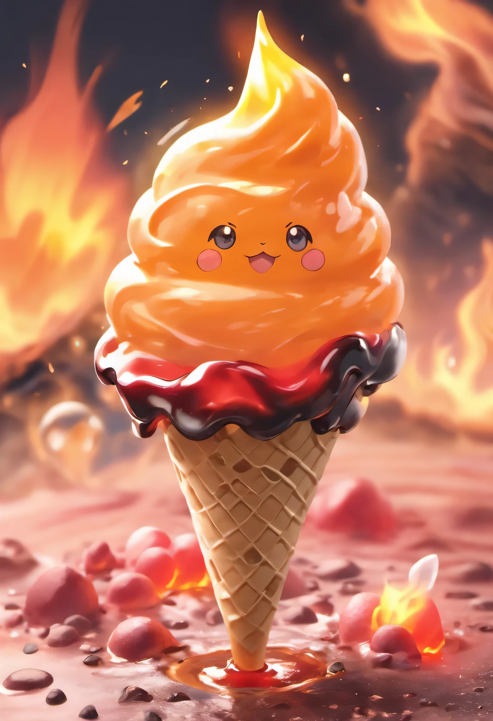 Lava ice cream, Exquisite volcano ice cream, Luminism, Maya rendering, Fire color, (Lava melts), Fancy volcano background, (8K, best quality, masterpiece:1.2), (Practical, Photo-realistic:1.5),((Extremely detailed))
