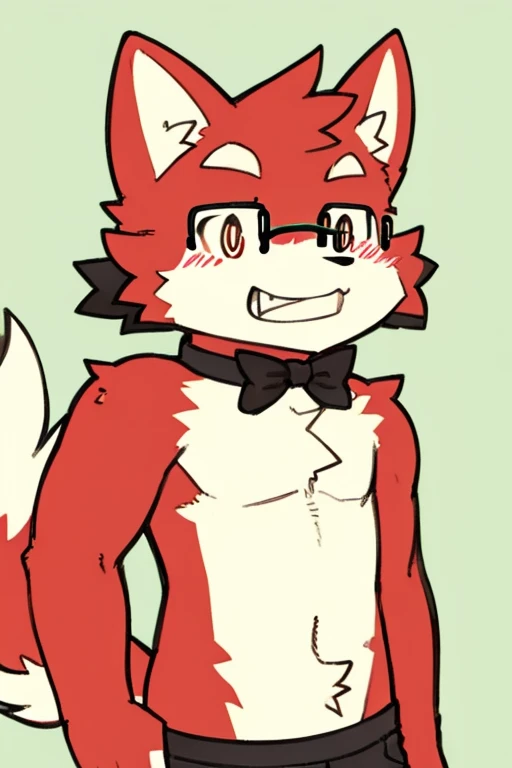 anthro, furry, 独奏, simple art ,wear glasses, Male wolf, Bright Eyes,eyes are green,With black bow,White belly,The tip of the tail is white,Meatballs Pink,hairy,hairy male ,Flower Charcoal,(Body hair, hairy尾巴, Red fur,),Long canine teeth,浑身hairy的,clothing,Shota