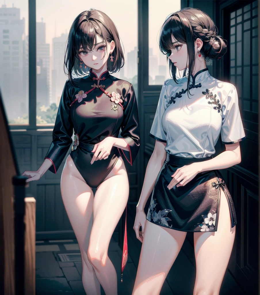 absurdres, RAW photo, extremely delicate and beautiful, masterpiece, Best Quality, ultra high resolution, 32k, hyperrealistic, ultra-detailed, Very detailed CG 8k wallpaper, Beautiful Lighting, Perfect Lightning, Realistic Shadows, perfect anatomy, super Detailed skin, perfect figure, Japanese woman, late 20s, very Slim body, narrow waist, very small head, handsome detailed woman, very detailed eyes and face, realistic face proportions, Stunning detailed eyes, Realistic beautiful face, very small face, Realistic small beautiful eyes, tearful mole, earring, beautiful and very thin legs, beautiful and very thin thighs, very huge round breasts, medium hair, black hair, (full body shot), (2girls:1.3), (yuri:1.2), (cheongsam:1.2),