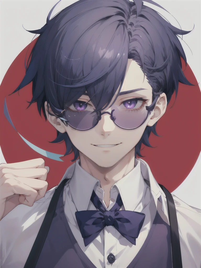 expressive eyes, perfect face, 1 male, short hairstyle, blue navy color hair, upper body, vtuber model, purple eyes, mature outfit Burgundy Colour Theme, smiles, circle glasses, isolated in white background, masterpiece, best quality, very aesthetic, absurdres,