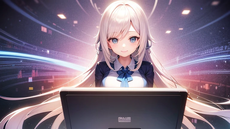 Programming on a computer, cheerful, smiling, cute girl, 1 person, bright computer room, illustration, no cut-out