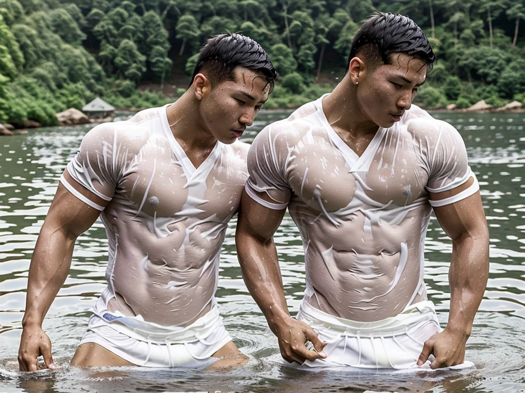 Picture of a handsome Asian rugby player with short hair, no beard, muscular body, big muscles, wearing a white shirt, wet in the water, outdoors.