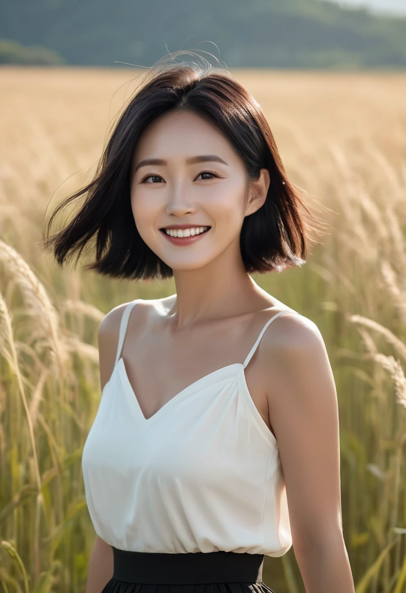 36 year old Korean woman, with short black hair, white leaky shoulder top, black skirt, take a walk in the field, happy smile, Short hair fluttering, elegant details, physical sky, gradient sunlight, uhd, best quality, masterpiece, high quality, Awards, textured skin