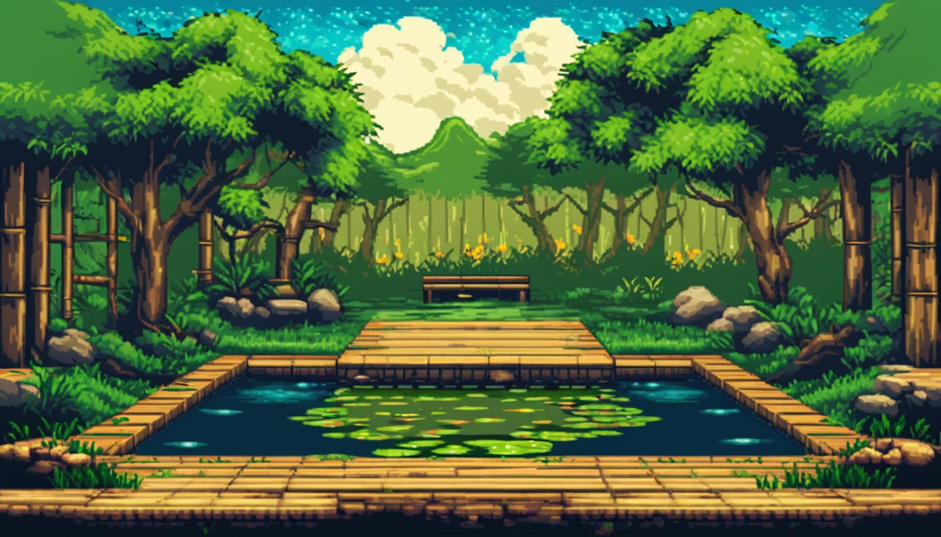 a zen themed backyard with a tree, a small pond with bamboo fountain and a ligth wood path background multiple texture spritesheet, pop-art-and-cartoon-style themed, 2d side scroller game, front view, pixel art