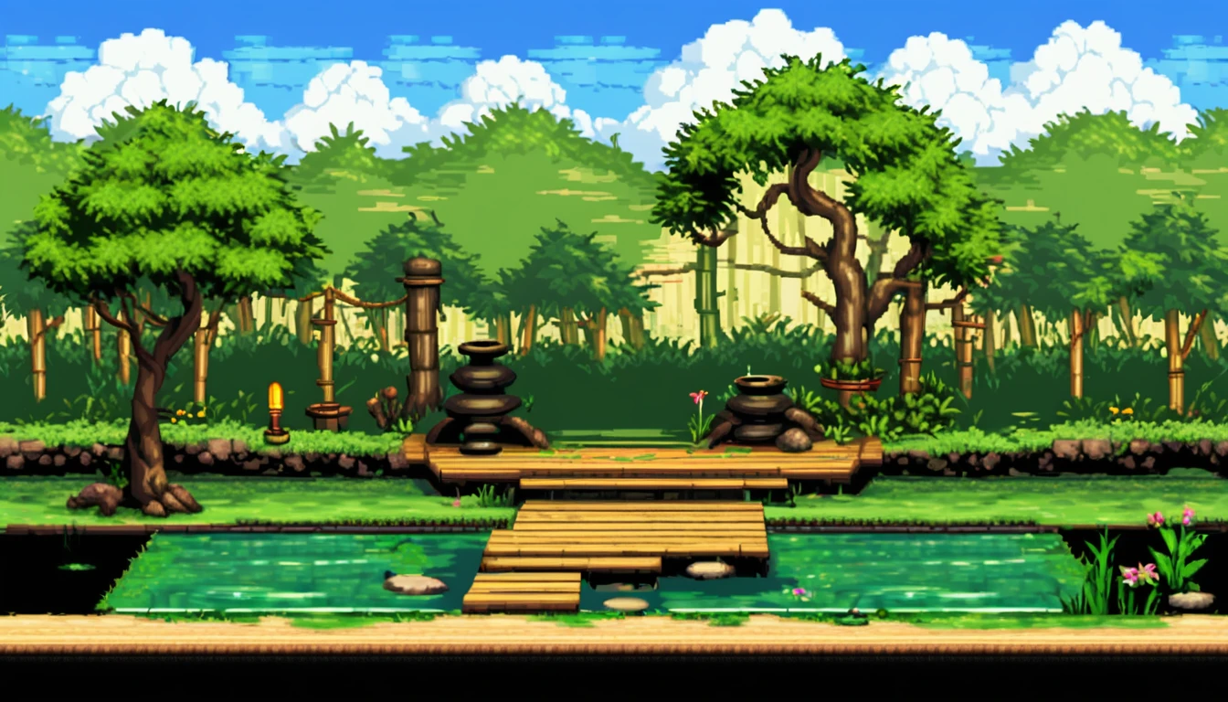 a zen themed backyard with a tree, a small pond with bamboo fountain and a ligth wood path background multiple texture spritesheet, pop-art-and-cartoon-style themed, 2d side scroller game, front view, pixel art