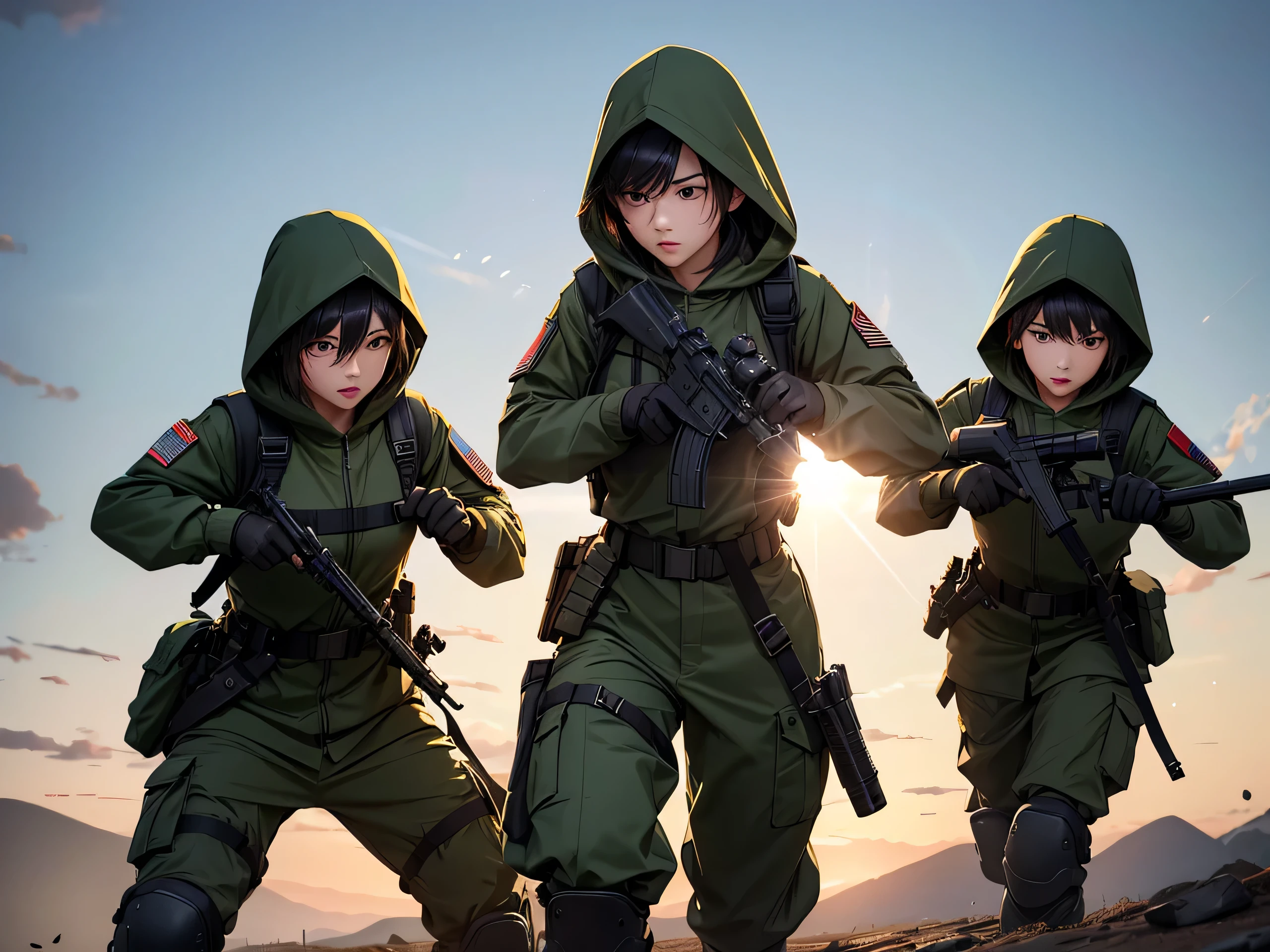 Three female soldiers fighting unarmed、Hand-to-hand combat、Wearing dark green M-51 hooded military uniform、Hooded on head、Military Pants、Magazine Pouch、Tactical harness、Knee pads、best quality、Highly detailed CG、8K picture quality、Theatre lighting、lens flare