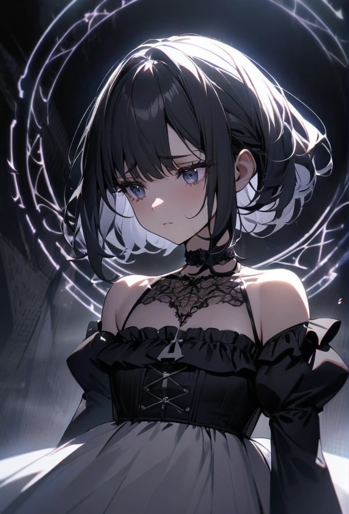 (masterpiece:1.2), (highest quality:1.2), Perfect Eyes, Perfect Face, Perfect lighting, One girl,bob, Complicated hairstyle, compensate, , Thick eyelashes, sad, melancholy, Dressed as a goth girl, Black and white dress, Frills, ribbon, Puffy sleeves, Exposing shoulders, Lace choker,Magic Circle,magic,aura