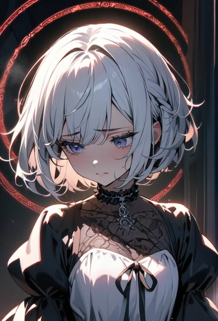 (masterpiece:1.2), (highest quality:1.2), Perfect Eyes, Perfect Face, Perfect lighting, One girl,bob, Complicated hairstyle, compensate, , Thick eyelashes, sad, melancholy, Dressed as a goth girl, Black and white dress, Frills, ribbon, Puffy sleeves, Exposing shoulders, Lace choker,Magic Circle,magic,aura