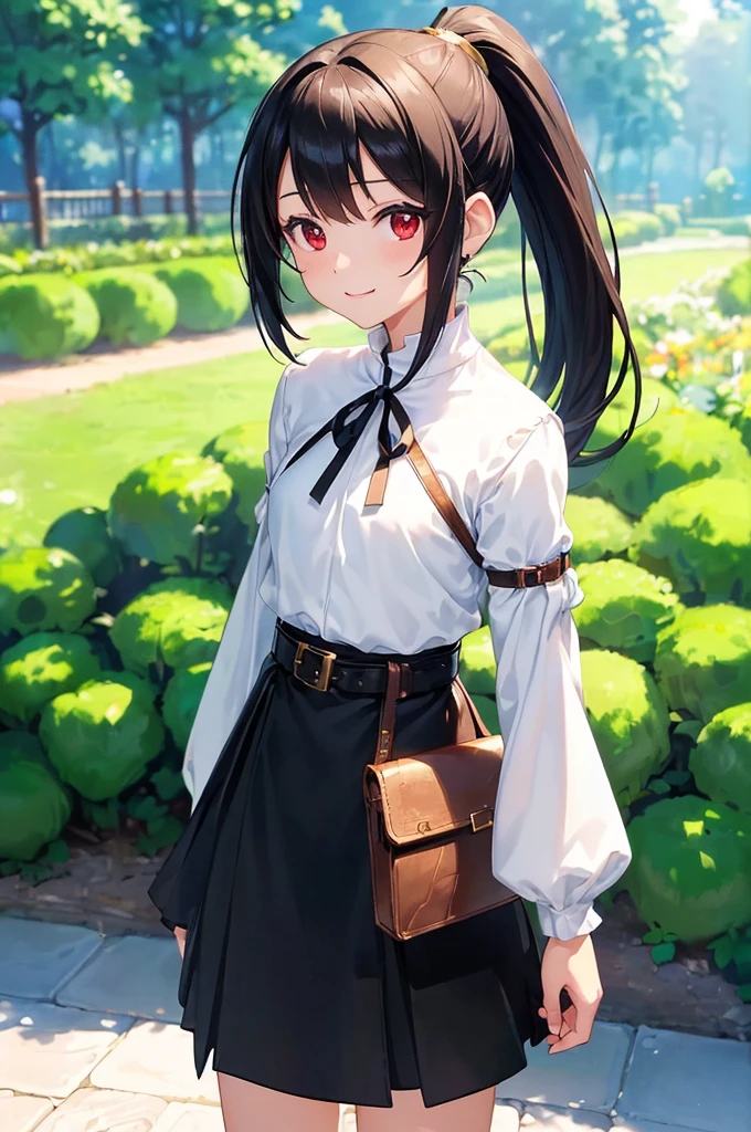 (masterpiece; best quality: 1.2), (finely detailed eyes: 1.3), ((10 year old female kid)), ((solo)), (red eyes: 1.4), (body; short, slender, small breasts: 1.3), (black hair in ponytail: 1.3), (beautiful and clear background: 1.2), ((depth of field)), (clothes: wanderer mage attire + white-and-gold wide-sleeve high-neck shirt + long black skirt + belts + traveler pouches and satchel: 1.3), (anime illustration: 1.2), (background; garden exterior: 1.1), (extremely fine and beautiful: 1.1), (shot composition; standing + centered on torso + close-up: 1.5), (expression; calm, smile: 1.2)