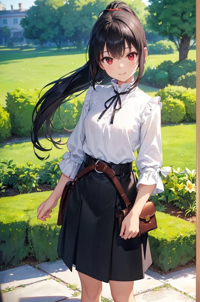 (masterpiece; best quality: 1.2), (finely detailed eyes: 1.3), ((10 year old female ???)), ((solo)), (red eyes: 1.4), (body; short, slender, small breasts: 1.3), (black hair in ponytail: 1.3), (beautiful and clear background: 1.2), ((depth of field)), (clothes: wanderer mage attire + white-and-gold wide-sleeve high-neck shirt + long black skirt + belts + traveler pouches and satchel: 1.3), (anime illustration: 1.2), (background; garden exterior: 1.1), (extremely fine and beautiful: 1.1), (shot composition; standing + centered on torso + close-up: 1.5), (expression; calm, smile: 1.2)