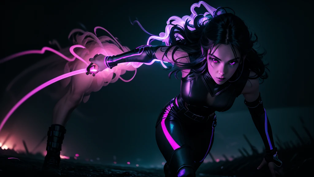 prince of darkness hold hand and running with a beautiful sultry female, that's glowing in the darkness, running through the futuristic battlefield, neon colors, high detail, long shot, wide shot, 4K, 3D, REALISTIC, (iridescent glow smoke), UHD, 32K, very bold neon colors, black light, neon light