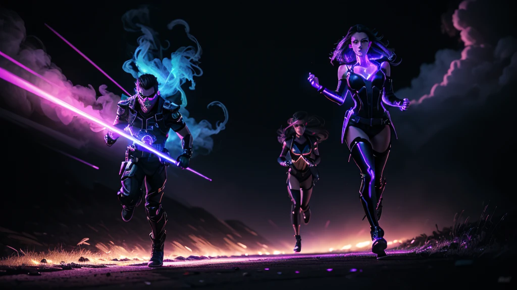 prince of darkness hold hand and running with a beautiful sultry female, that's glowing in the darkness, running through the futuristic battlefield, neon colors, high detail, long shot, wide shot, 4K, 3D, REALISTIC, (iridescent glow smoke), UHD, 32K, very bold neon colors, black light, neon light