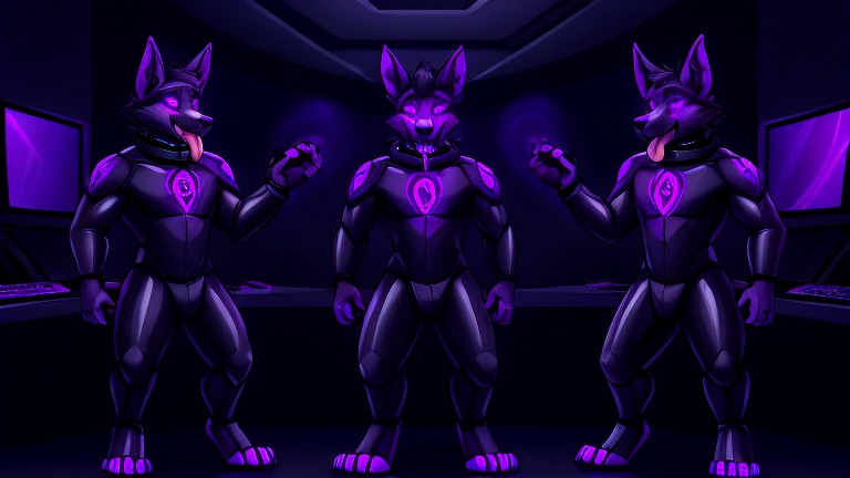 Group of 5 Vortex hellhounds standing, tongue out, using a gray latex suit, and a black techno collar, hypnotized with glowing purple eyes without iris or pupils, tongue out, full body image, working on computers in laboratory room background