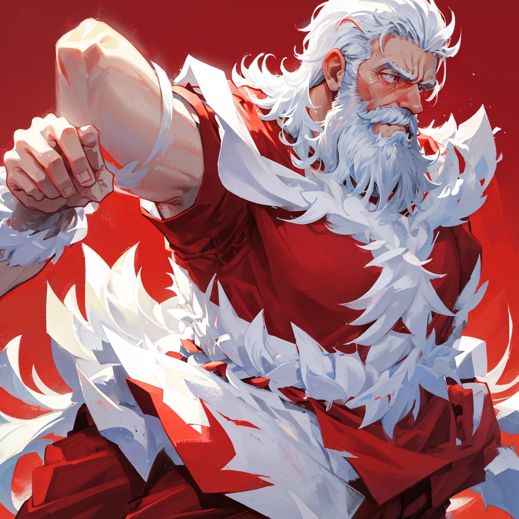 A man with a white beard, High martial arts，Beard，White hair，Boxer，((Pure red background))