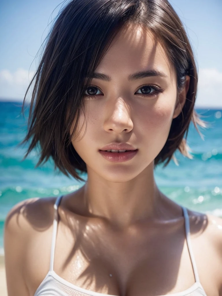 Clothed, (Photorealistic: 1.4), (Ultra-realistic: 1.4), (Realistic: 1.3), (Smoother lighting: 1.05), (Improved cinematic lighting quality: 0.9), 32K, 1 girl, 20 year old girl, Realistic lighting, Backlight, Light on face, Ray tracing, (Bright light: 1.2), (Improved quality: 1.4), (Best quality realistic textured skin: 1.4), Detailed eyes, Detailed face, Detailed eyes, (Tired, Sleepy, Satisfied: 0.0), Close up of face, Big breasts, T-shirt, (Focus on body line mood: 1.1), (Focus on skin texture beauty: 1.1) Short hair, Black hair, Summer sea background, Bright smile, Light skin, White skin