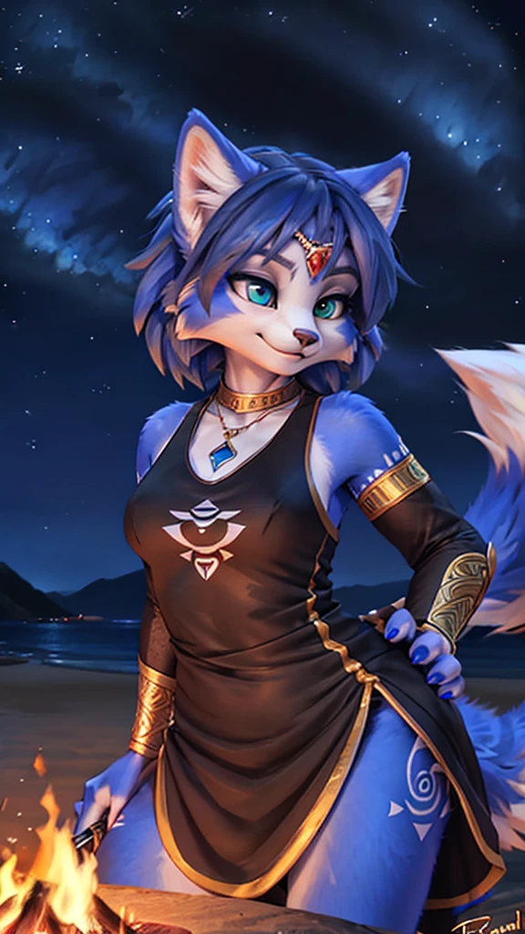 A beautiful and detailed (full body portrait) wa ((Krystal)), Star Fox Krystal, sslim, lovable, green eyes, medium breasts, (((Long blue hair 1.3))), Decollete, anthro, furry, Uploaded E621, detailed fluffy fur, (wa Fluff-Kevlar, Bayard Wu, Personalami, Pino Daeni), detailed face, (fluffy), 1 girl, alone, sweet girl, Fur dresses, tattooed arms, dark shadows, smiling, at a beach, in the night time, Stars in the sky, dark blue sky, lit by a campfire, 4K
