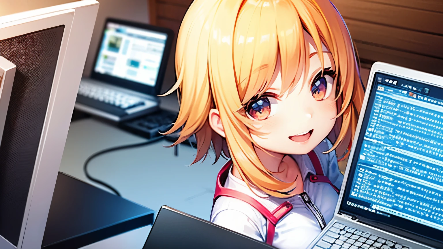 Programming on a computer, cheerful, smiling, cute girl, 1 person, bright computer room, illustration, no cut-out