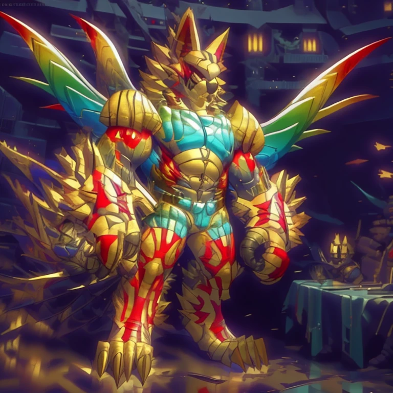 (masterpiece. official art. 8k. best quality. detailed full body. full body.)

(situation 1 : dominating The Phoenix Wolf. The Phoenix Wolf is over 1000 meters long. focus giant mechanical Muscular The Phoenix Wolf is trampling the car. Looking down.)

(situation 2 :smoke and flames rising from the destruction in the city)

(Additional details 1: Wearing golden Armor. Cape. Helmet. real texture material. whole body shines like metal. emphasizes the muscles. suit fully made of metal. Robotic suit. no face.).

(Additional details 1.5: The arms are golden. The lower half of the body is golden. The wolf-shaped helmet has sharp fangs. The whole body is golden. The chest area is also golden. There is a ring above the head.).

(Additional details 2: Detailed head. Detailed Body. Detailed abs. gigantic muscles. HYPER MUSCLES. Gigachad Muscular. big muscle. pecs. triceps. traps. unusually developed muscular body. body full of huge muscles. showing off muscles. pectorales enormes. Exaggeratedly huge muscles. huge muscles. long legs.).

(Additional details 3: Spread wings. It has wings. The claws are sharp. Sharp teeth.). He is laughing defiantly. The claws are sharp. Sharp teeth.). 

(Additional details 3.5 : nj5furry,  He is laughing defiantly. medieval armor.). 